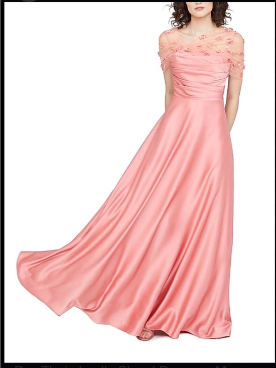 Theia Dresses & Skirts - Theia Coral Pink Satin Maxi Gown with Illusion Embroidered Yoke